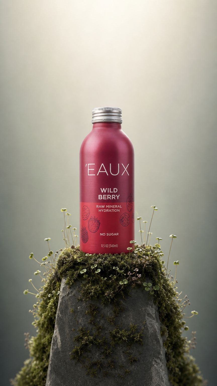 EAUX Wild Berry resting on a natural mossy stone